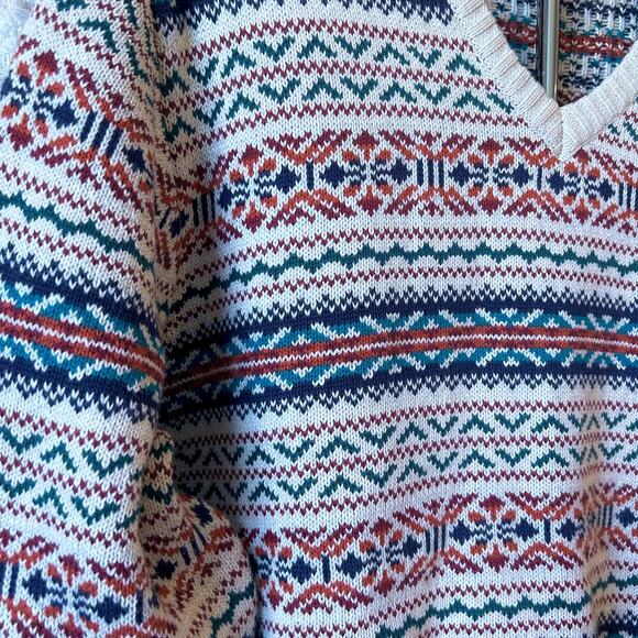 Men's Fair Isle Fisherman Cotton V-neck Long Sleeve Sweater Ribbed Hem Size XL - Picture 4 of 10
